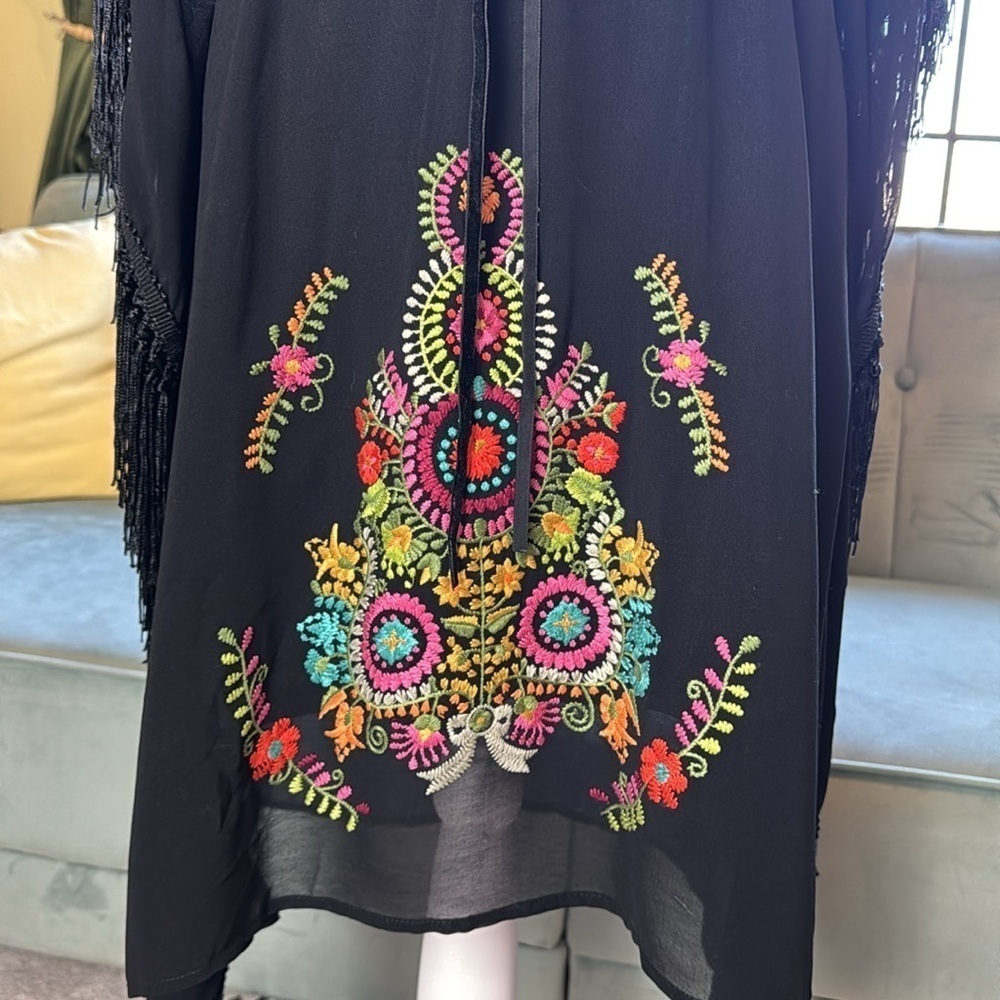 Anthropologie Uncle Frank Black Embroidered Festival Boho Fringe Dress - Picture 7 of 9
